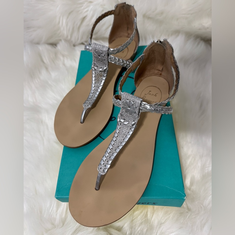 Jack Rogers Silver and Tan T-Strap Sandals